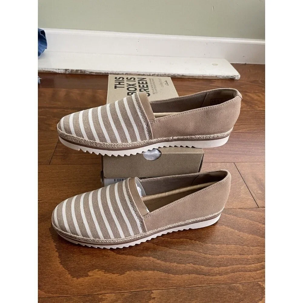 Clarks Serena Paige Espadrille Slip-on Loafers Sand &‎ White Striped 9.5 M NEW